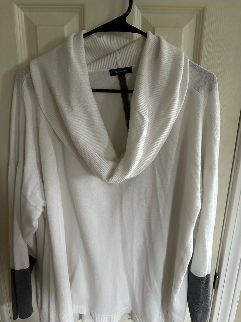Verve Ami White Cowl Neck Sweater with Gray Sleeve Cuffs